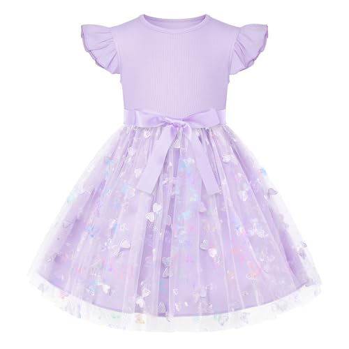 Cubear Toddler Tutu Dress Girls Tulle Party Princess Dress Embroidered Waist Ribbon Skirt Summer Birthday Outfit 3-8Y Purple