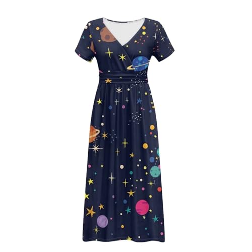 Image of Women's Fall Summer Short Sleeve Ankle Length V-Neck Party Dress with Pockets Size S-3XL