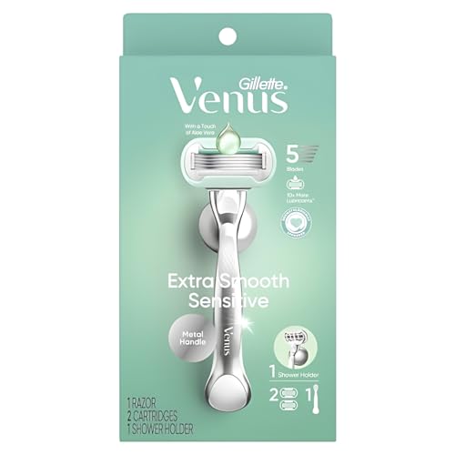 Smooth Sensitive Razor For Women, 5 Blades, Manual Razor, Handle + 2 Blade Refills, Silver, FOR SENSITIVE SKIN, 10X MORE LUBRICATION FOR PROTECTION