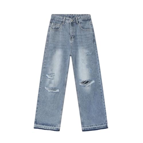 Men's Straight Jeans Worn-Out Hole American Style Wide Leg Denim Pants
