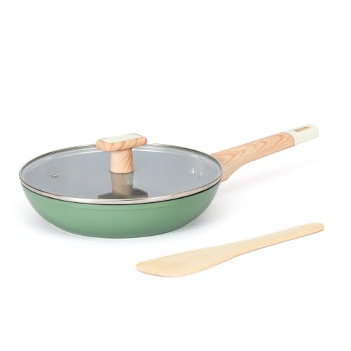 Image of Kreme Ceracook Ceramic Coated Granite Fry Pan 1.8L /24cm with Glass Lid, ISI Certified Frying Pan, Forged Aluminium, Gas & Induction Use, Non Toxic, PFAS & PTFE Free, 1 Year Warranty, Olive Green