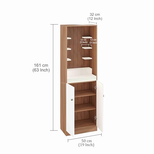 FURNEASER Adya Wooden Pooja Mandir for Home with Storage | Engineered Wood Temple Stand with Shelf & Cabinet | Compact Floor-Standing Prayer Unit for Living Room � Exotic Teak & White, 161x50x32 cm