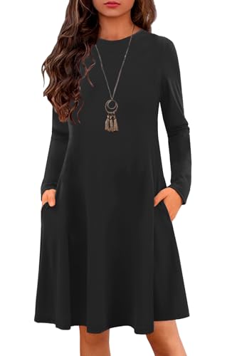 YOVION Girls Fall Long Sleeve Crew Neck Skater A-Line Casual Swing Dress with Pockets for 6-12 Years