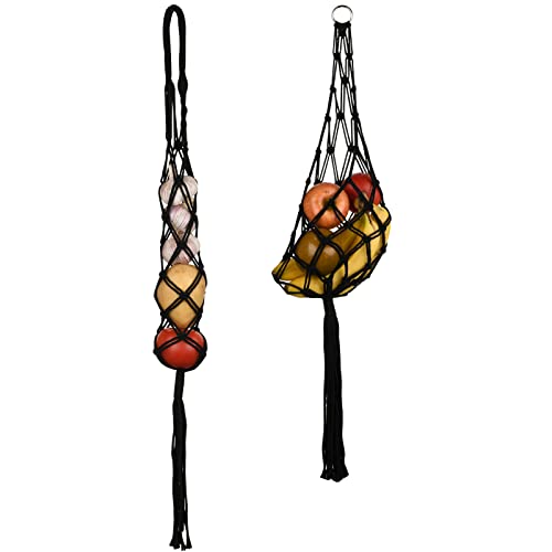 Beautyflier 2 Stück Makramee Hänge-Obstkorb Wandbehang Kartoffel Zwiebel und Obst Boho Obsthalter Netz für Küche Dekor (schwarz) Cover