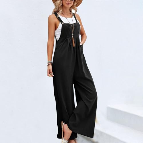 Image of Kubbon Womens Wide Leg Jumpsuits Sleeveless Straps Bib Overalls Summer Baggy Casual Pants Rompers Overalls with Pockets