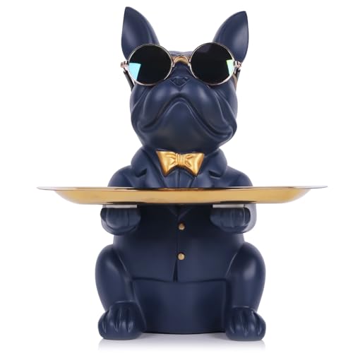 Decorazione domestica Resina Blu Navy Bulldog Vassoio Statua Piggy Bank Vassoio di Archiviazione Portachiavi Caramelle Gioielli Orecchini Vassoio Adatto per la Decorazione Della Casa Arte Moderna