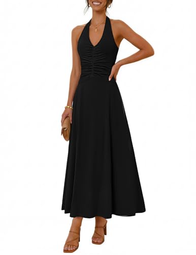MEROKEETY Women's Formal Halter Maxi Dress 2026 Summer Backless Sleeveless V Neck Ruched Cocktail Wedding Guest Dresses, Black, M