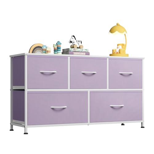WLIVE Dresser for Bedroom with 5 Drawers Wide Chest of Drawers Fabric Dresser Storage Organizer Unit with Fabric Bins for Closet Living Room Hallway Purple