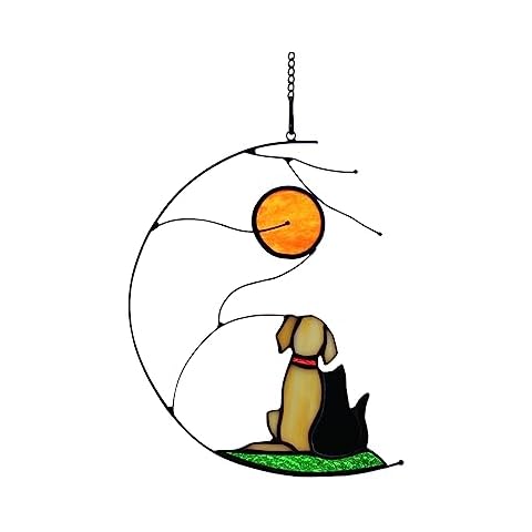 BOXCASA Friendship Dog and Cat Decor Stained Glass Suncatchers,Black Cat Suncatcher for Window Yellow Dog Decor,Dog and Cat Themed Gifts for Cat Lovers,Dog Lovers Gifts for Women Men Cover