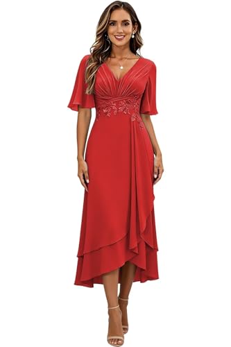Image of Lace Applique Mother of Bride Dresses Chiffon Mother of the Groom Dresses Tea Length Formal Evening Dress with Sleeve