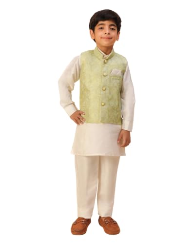 Image of Pro-Ethic Style Developer Kids Kurta Set For Boys With Waist Coat, Ethnic Wear for Diwali, Eid, Raksha Bandhan, Jacquard, Floral Print (Pack of 1)