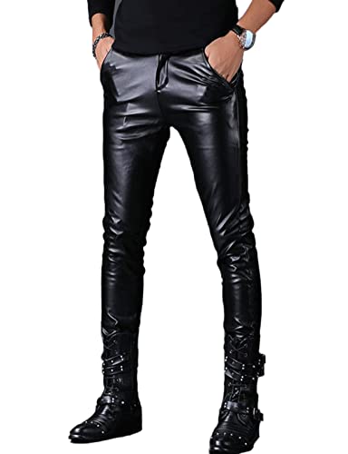 Mens Business Casual High Waist Straight Leg PU Faux Leather Slim Fit Pants
