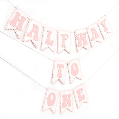 Image of Half Way To One Pink Banner - Sweet 6 Months Birthday Decorations,Pink Cake Smash Photo Backdrop,Little Princess 1 /2 Birthday Party Banner,Home Wall Mantel Hanging Garland.