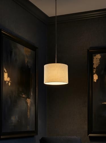 Image of Pendant Lamp 8 Inch Drum Linen Fabric Hanging Light for Ceiling, Beige Color, | Lampshade Hanging Light for Living Room, Bedroom, Cafe & Home Decoration