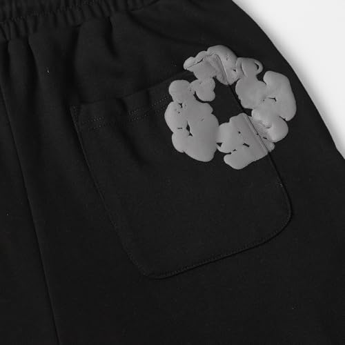 BIXPAK Denim Tears Men's and Women's Sportswear 2 Piece Set, Solid Color Cotton Foam Printed Short Sleeve and Shorts, Jogging Sports Suit Hip Hop Street Wear(Black B,Small)