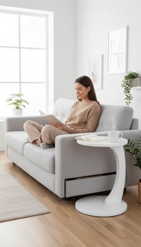 Image of Modern C-Shaped Side Table for Sofa & Bed | White Laptop Snack Table | Space-Saving Couch Side End Table for Living Room Bedroom | Portable Coffee Table for Home Office (C White)