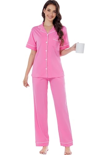Image of LUBOT 100% Cotton Pajamas for Women Pajama Set Soft 2 Piece Sleepwear PJ Set Long Sleeve Button Knit Cozy Loungewear XS-XXL