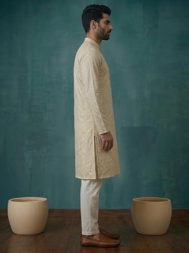Image of SOJANYA Men's Silk Intricate Multi-Thread Embroidered Long Kurta | Ethnic Wear for Festive & Wedding
