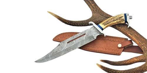 Edgeoprops Damascus Steel Bowie Knife with Stag Handle, Fixed Blade, Twist Pattern, Deer Antler Handle, Leather Sheath