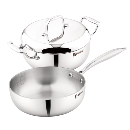 Image of BERGNER Argent Saira Saiba Triply Stainless Steel 3 Pcs Cookware Set,18cm(1.5 L) Multi Frypan,18Cm Casserole & Common Stainless Steel Lid,Cook & Serve,Less Oil Use-Induction Bottom,Silver,1.8 Liter