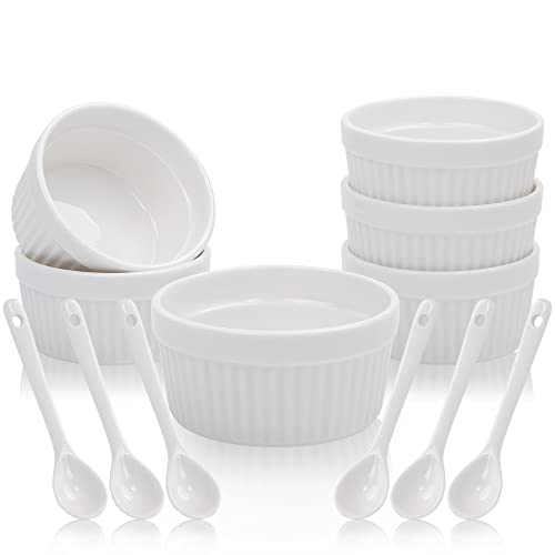 Tazas de Pudín para Hornear, Juego de 6 Cuencos y 6 Cucharas de CeráMica (Blanco), Suflé al Horno, Platos Hondos de Cerámica para Hornear Postres y...