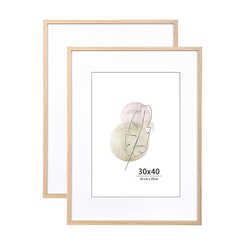 KAIWIN 30x40 Picture Frame Oak Set of 2, Wooden Poster Frame suitable for A4 with mat, 16x12 Picture Frames for Wall Mounting Display for Home, Office,Gallery,Holiday with Photos, Posters, Puzzles