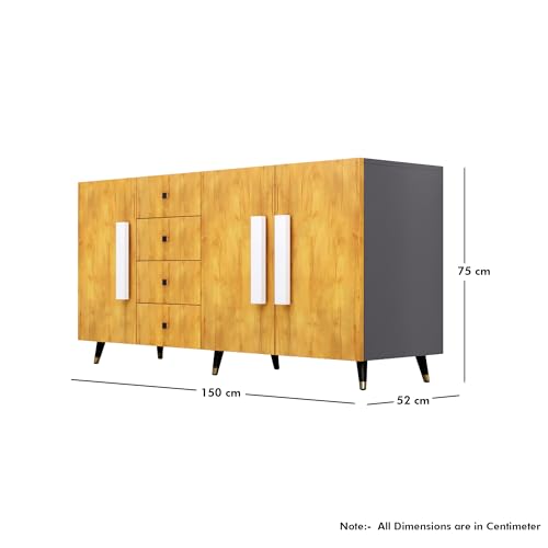 Image of Bniture Storage Cabinet Wooden for Living Room Sideboard with 4 Drawer and 3 Door | Storage Organizer Chest of Drawer Cabinet for Home Hallway Drawing Room Bedroom Kitchen | Slate Grey & Giant Wood