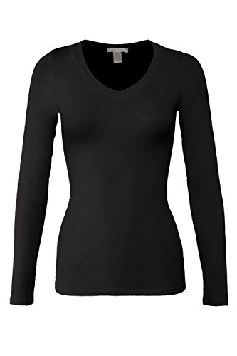 LOLONG Women's Long Sleeve V Neck T-Shirt - Ribbed Slim Fit Casual Top, Soft Stretch Fabric