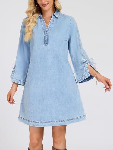 Image of Womens Denim Shirt Dress Collared V Neck Bell Long Sleeve Mini Casual A-line Jean Dresses with Bow