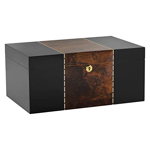 Humidor Supreme Conte Desktop Cigar Humidor, Black with Walnut Burl Decorative Inlay, Glass Hygrometer, Spanish Cedar Tray, Adjustable Dividers, Lock and Key Holds 45-80 Cigars