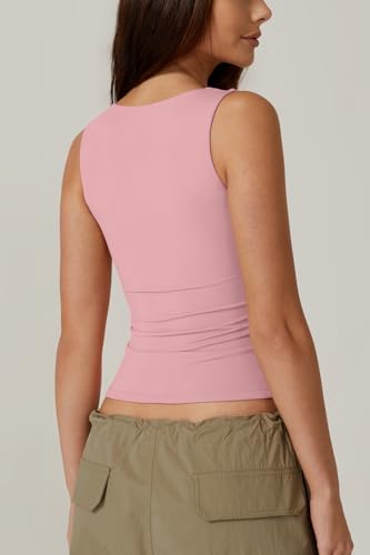 Image of QINSEN Women's Square Neck Sleeveless Double-Layer Tank Tops Basic Tight T Shirts