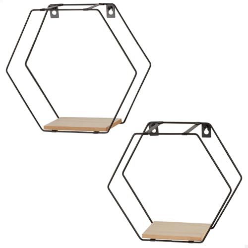 AKTIVE MAX Home Set de 2 estanterías de Pared, Máx. soportado 4 kg, Hexagonal, Decorativas, Balda Madera, Estructura Metal, Negra, Diseño Moderno para salón, Dormitorio, Oficina (18473)