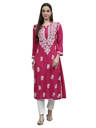 Image of Seva Chikan Hand Embroidered Lucknowi Chikankari Rayon Straight Kurta for Women SCL4532