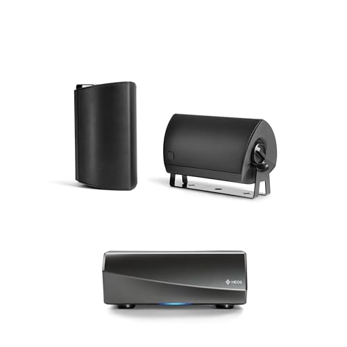 Definitive Technology AW-450 All-Weather Outdoor Speakers (Black, Pair) with 4.5” Woofer, 1” Tweeter & Passive Bass Radiator + Denon HEOS Hi-Res Wireless Streaming Amplifier for High-Fidelity Sound