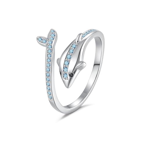 Adjustable Dolphin Ring for Women Sterling Silver Plated Ocean Jewelry Blue Cubic Zirconia Open Band Comfort Fit Thumb Middle Finger Rings Sea Animal Summer Beach Statement for Mother Daughter (Silver)