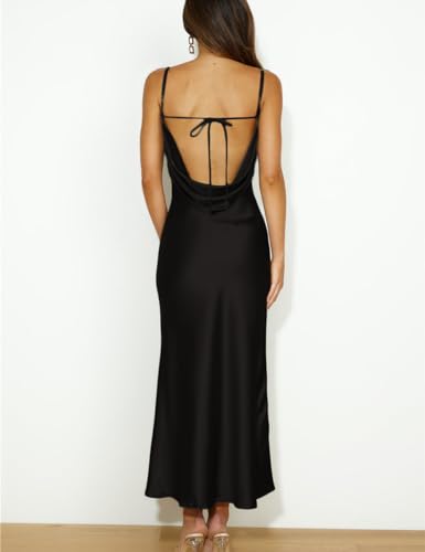 Image of Summer Satin Spaghetti Strap Cowl Neck Backless Midi Dresses for Women Elegant Tie Low Back Ruched Cocktail Dress