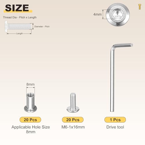Image of METALLIXITY Furniture Crib Screws Replacement Set with Wrench(M6-1x16mm) 40Pcs, Connector Bolts M6 Screw Barrel Nuts Binding Screws, for Chair Cabinet Bed, Silver