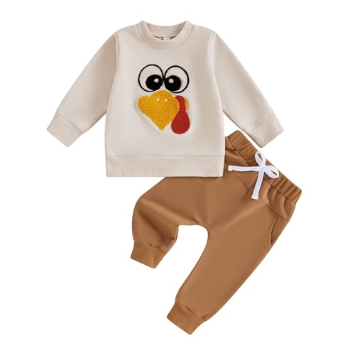 CHAUKAREAUL Baby Boy Thanksgiving Outfit Turkey Embroidery Long Sleeve Sweatshirt Shirt Jogger Pants Set Infant Clothes (Khaki, 3-6 Months)