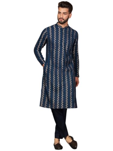 Men's Kurta – Textured Cotton Blend Tunic with Mandarin Collar, Regular Fit – Indian Wedding Outfit for Men – Festive Wear for Diwali, Eid & Celebrations, Navy Blue, 40