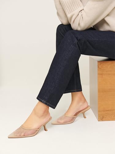 Image of ZJGZF Mesh Kitten Heels Mules for Women Closed Pointed Toe Slip on Backless Stiletto Slingback Low Heels Comfort Pumps Shoes