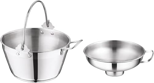 Penguin Home 5L Maslin Pan with 14cm Wide Neck Jam Funnel Stainless Steel Pot with Steel Canning Funnel for Preserving Combo Maslin Pan & Jam Funnel with Side Handle