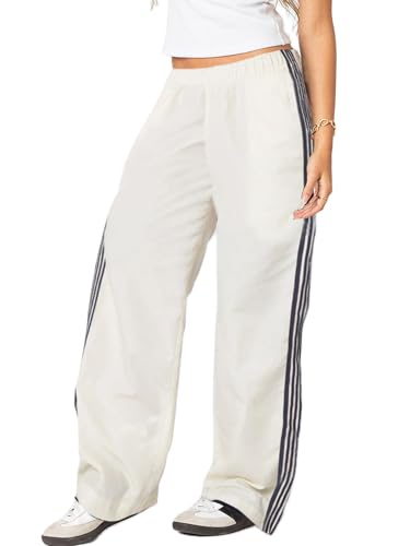Lshyuehao Women Striped Track Pants Elastic Waist Straight Leg Sweatpants Joggers Wide Leg Side Stripes Pants with Pockets (A-Beige, L)