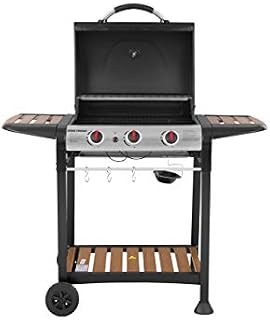 George Foreman GFGBBQ3BW 3 Burner Gas Barbecue with Automatic Ignition & Integrated Thermometer, Black, Gas BBQ, 2 Wheels Fitted Rack with 2 Shelves Wood Effect
