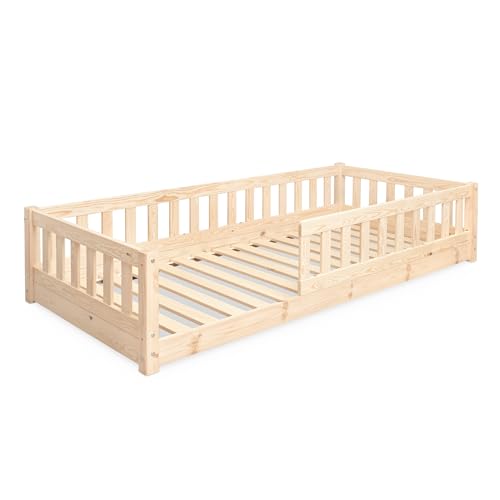 Ehrenkind® Bodenbett Lille | Kinderbett mit abnehmbaren Rausfallschutz aus Massivholz FSC® zertifziert inkl.hochwertigem Lattenrost | Bodenbett 90x200 | Kinderbett 90x200 Natur