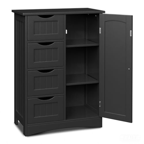 SUPER DEAL Bathroom Storage Cabinet with 4 Drawers and 1 Cupboard, Entryway Home Decor Furniture Towels Storage Organizer Unit, Black