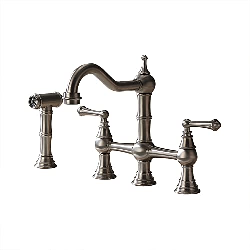 BULUXE 4-Hole 2 Handles Kitchen Faucet with Side Sprayer Modern Kitchen Sink Faucet with Victorian Swiveling Spout(Brushed Nickel)
