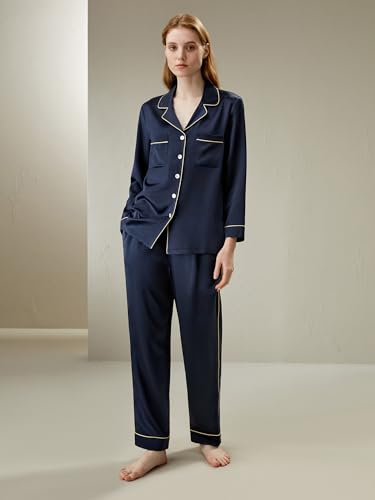 LilySilk Silk Pajamas for Women Gold Piping 100% Silk Pajama Set for Ladies Washable 6