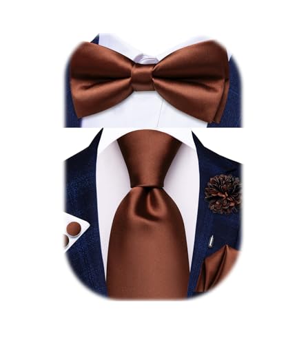 Image of Hi-Tie 5Pcs Mens Solid Color Silk Tie Satin Pretied Bowtie Lapel Pin for Men Handkerchief Cufflink Wedding Gift Box
