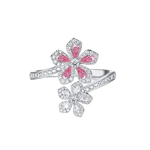 Cherry Blossom Statement Ring for Women Sparkling Crystal CZ Pink Sakura Floral Open Wrap Finger Band Adjustable Engagement Promise Rings Wedding Rings Anniversary Jewelry