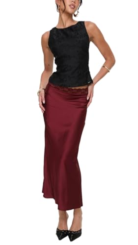 Wuitrie Silk Skirts for Women Summer High Waisted Lace Stitch Wrap Maxi Skirt Long Skirts for Women Business Casual Skirt